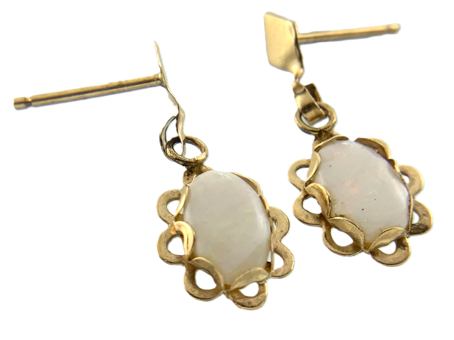 14K Yellow Gold Opal Drop Earrings Solitaire Scalloped Edge AU166