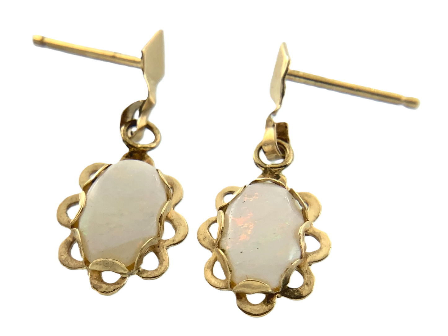 14K Yellow Gold Opal Drop Earrings Solitaire Scalloped Edge AU166
