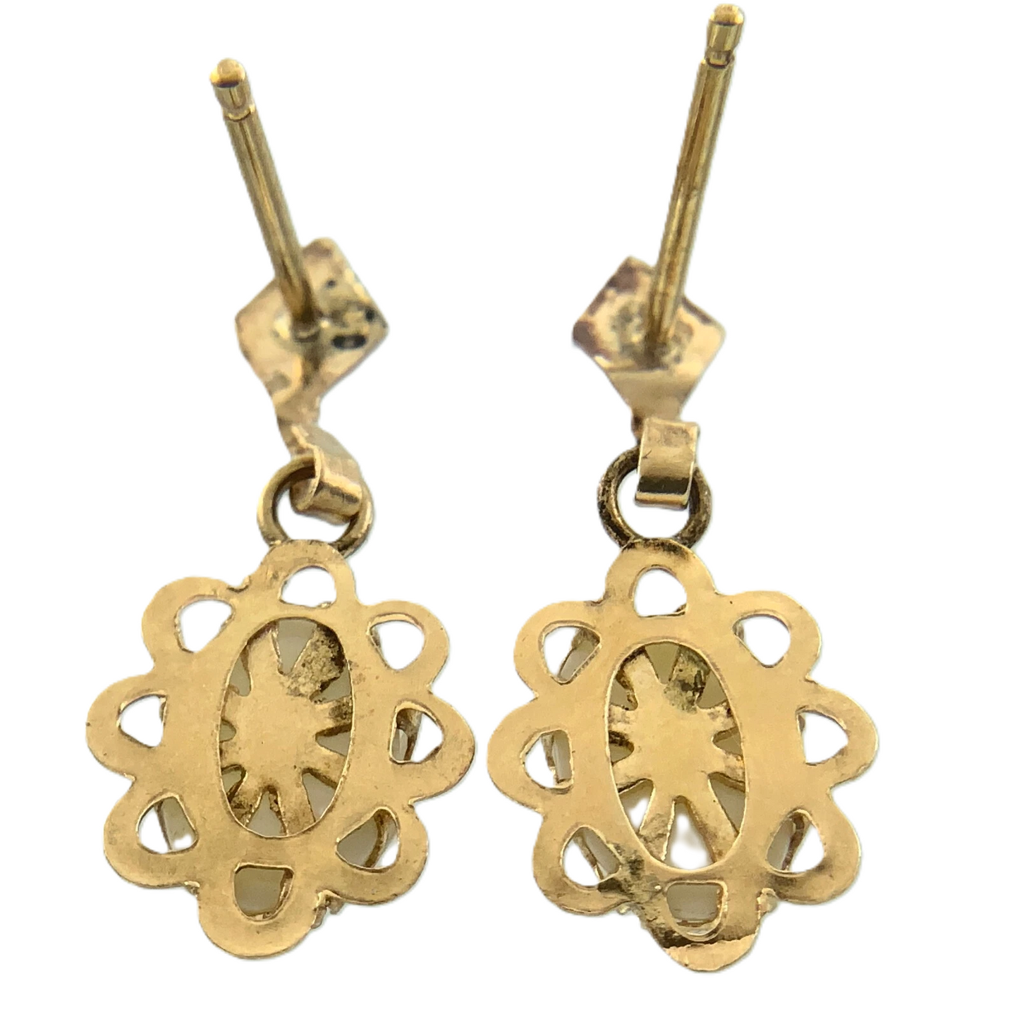 14K Yellow Gold Opal Drop Earrings Solitaire Scalloped Edge AU166