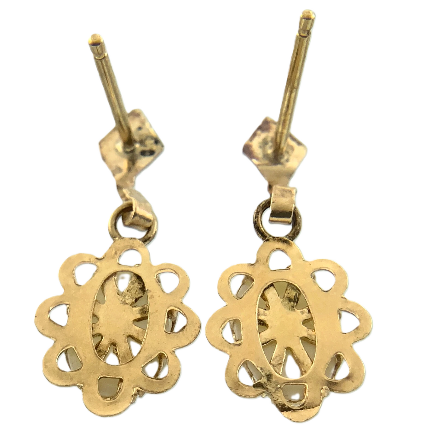 14K Yellow Gold Opal Drop Earrings Solitaire Scalloped Edge AU166