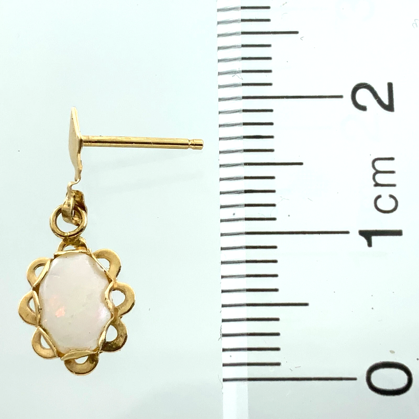 14K Yellow Gold Opal Drop Earrings Solitaire Scalloped Edge AU166