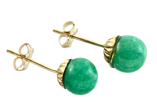 10K Yellow Gold Dainty Green Jade Earrings Round Stud AU168