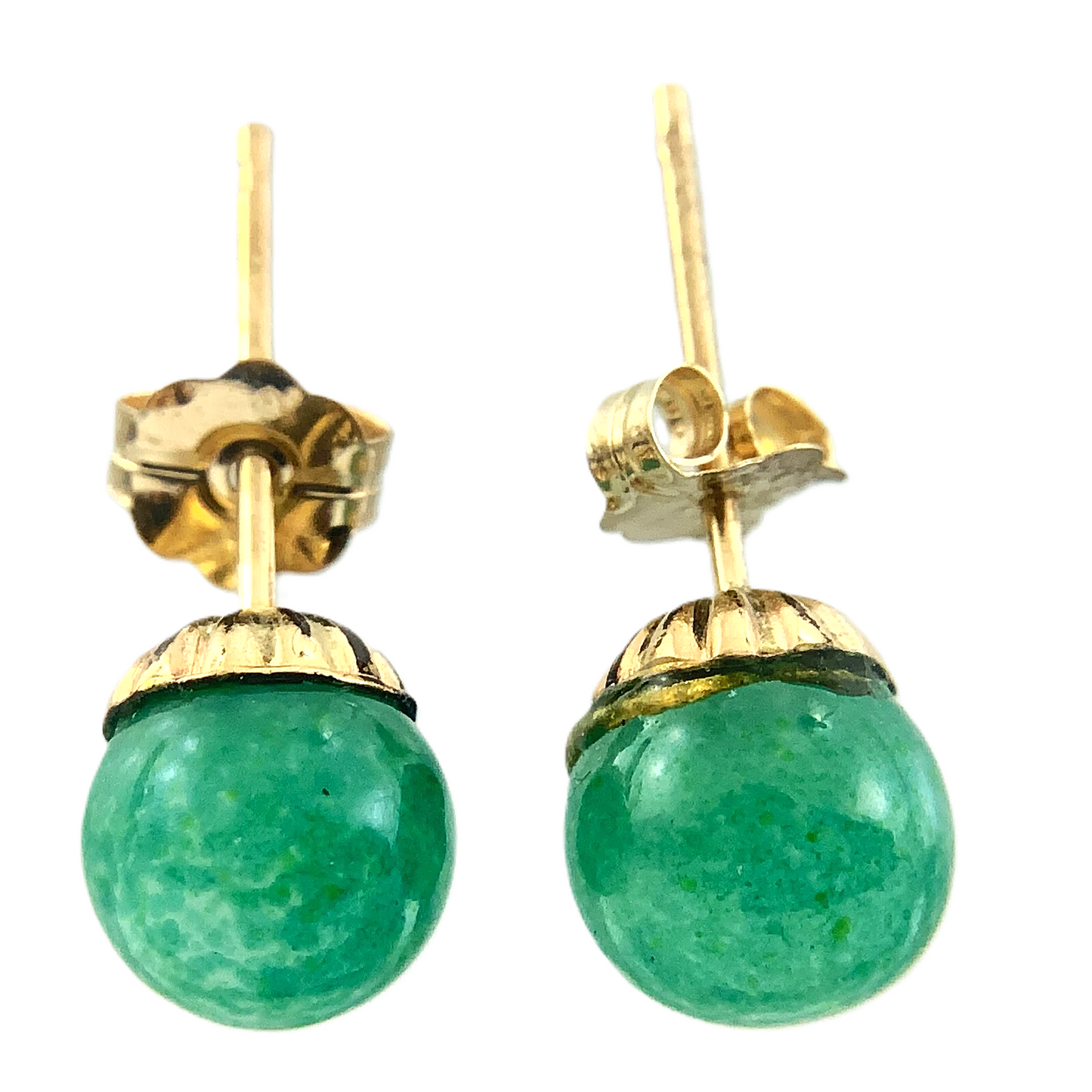 10K Yellow Gold Dainty Green Jade Earrings Round Stud AU168