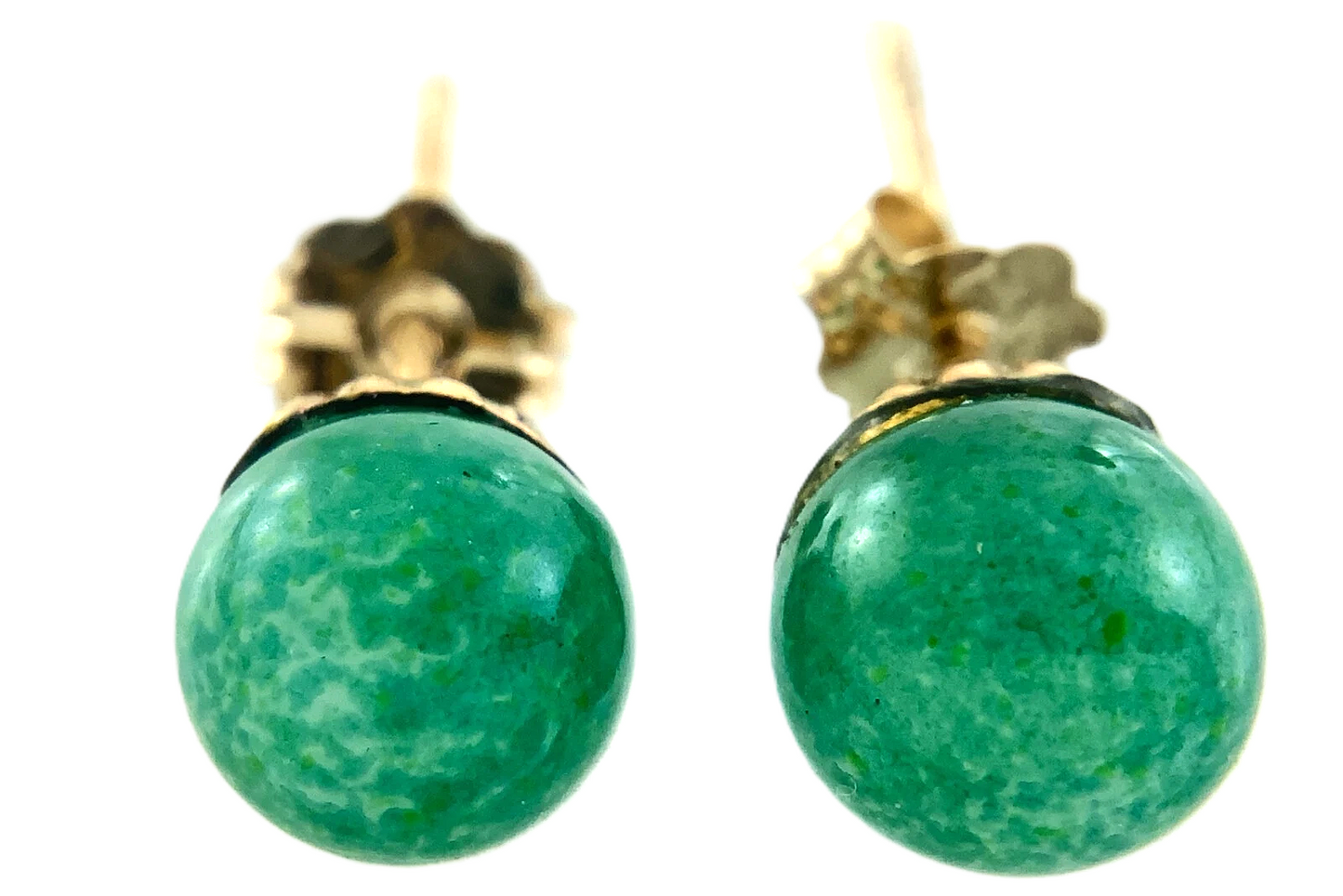 10K Yellow Gold Dainty Green Jade Earrings Round Stud AU168