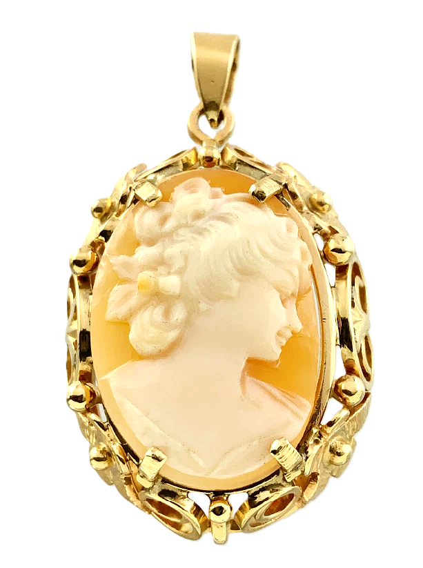 10K Yellow Gold Cameo Pendant Shell Carved Beautiful Woman Portrait AU190
