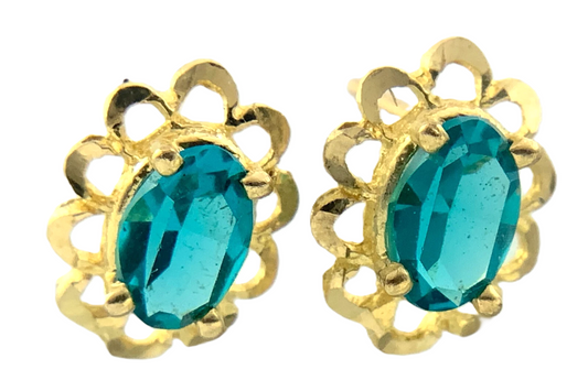 10K Yellow Gold Aqua Blue Rhinestone Scalloped Stud Earrings AU193