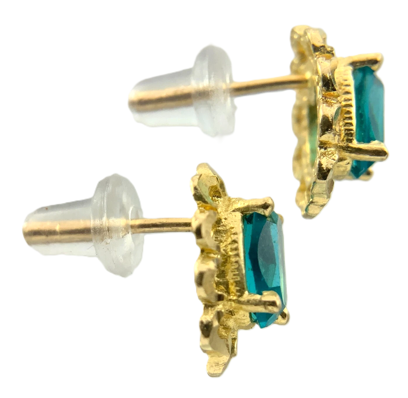10K Yellow Gold Aqua Blue Rhinestone Scalloped Stud Earrings AU193