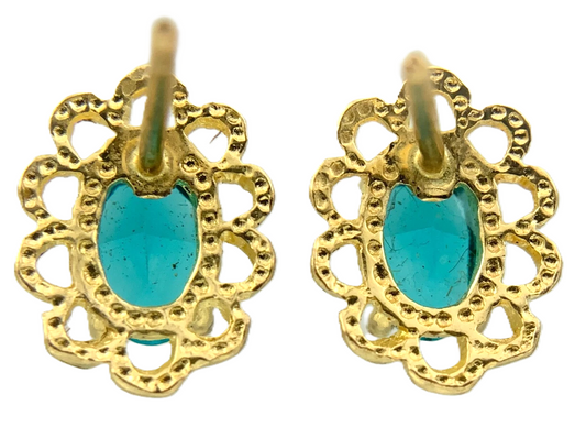 10K Yellow Gold Aqua Blue Rhinestone Scalloped Stud Earrings AU193