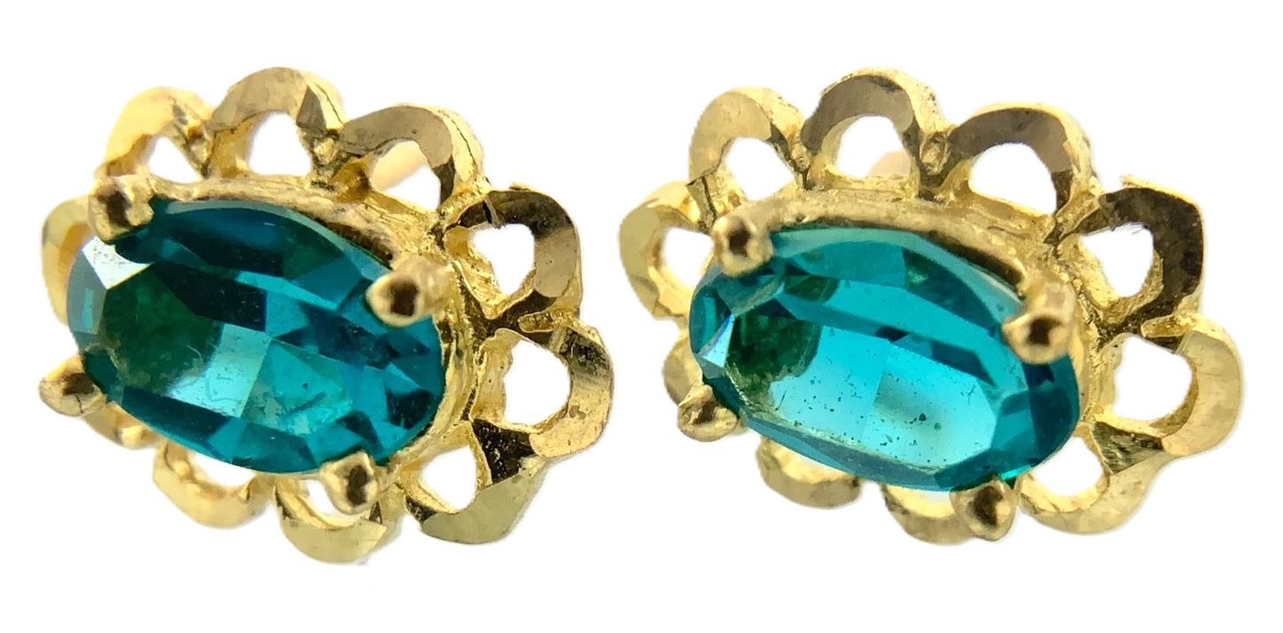 10K Yellow Gold Aqua Blue Rhinestone Scalloped Stud Earrings AU193