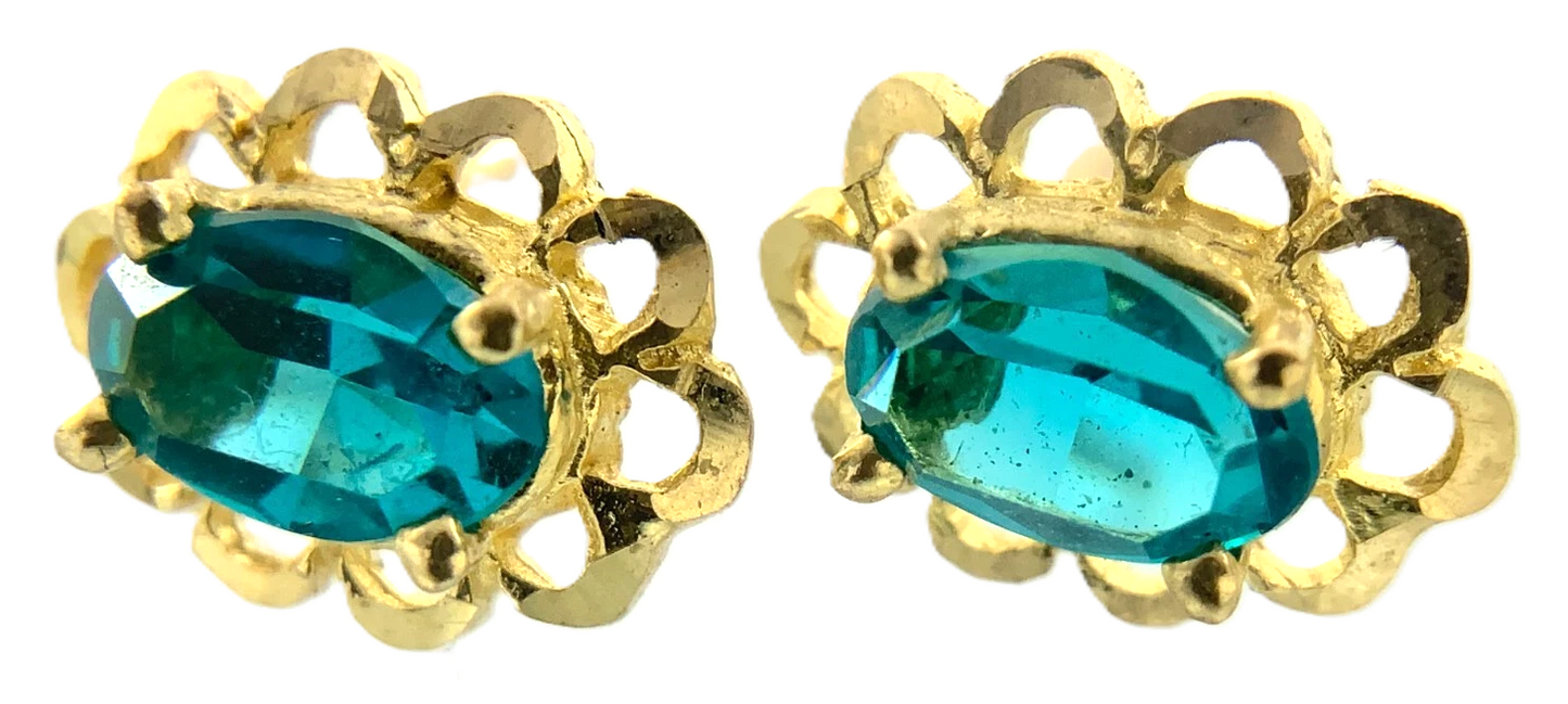 10K Yellow Gold Aqua Blue Rhinestone Scalloped Stud Earrings AU193