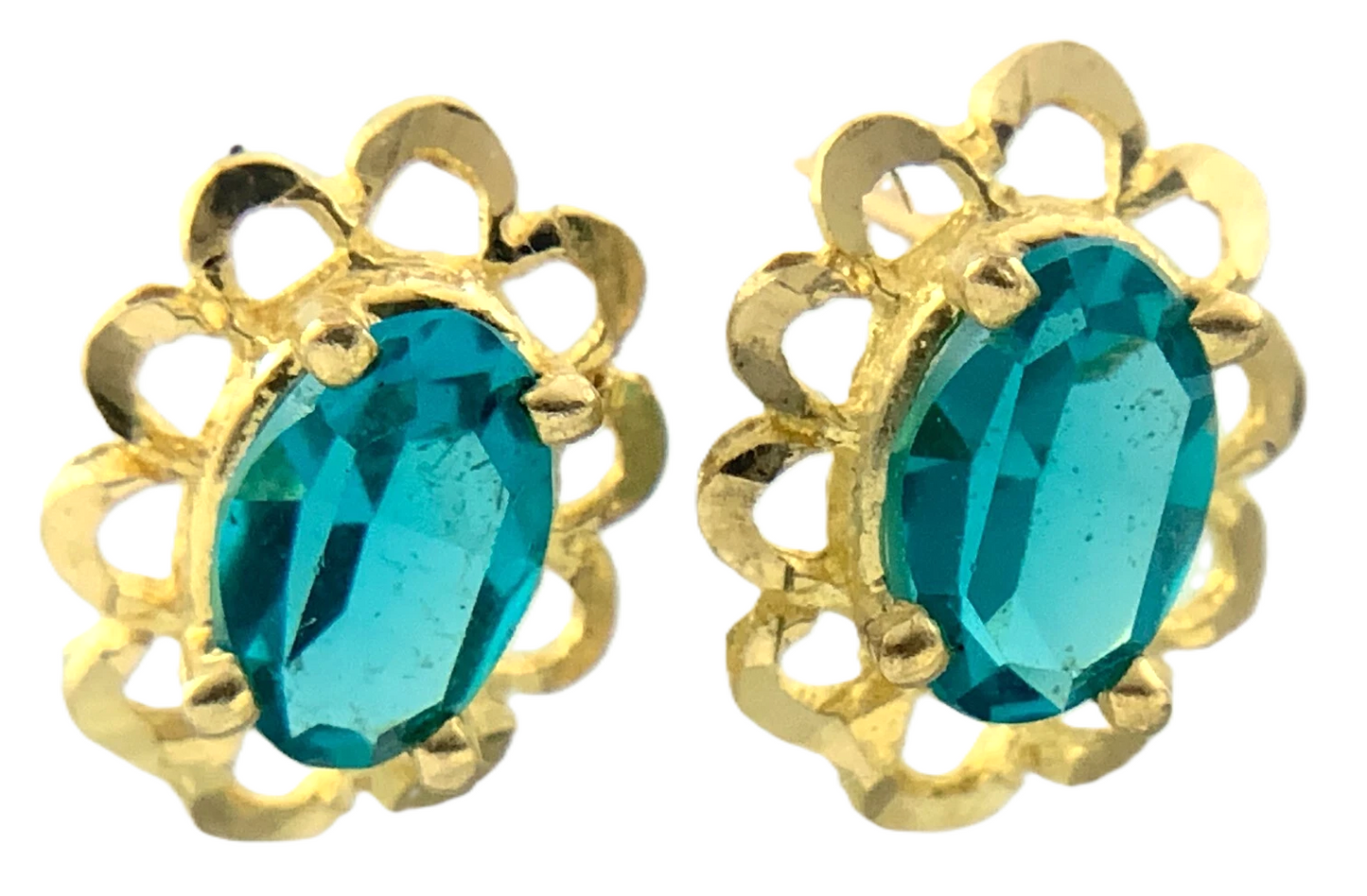 10K Yellow Gold Aqua Blue Rhinestone Scalloped Stud Earrings AU193