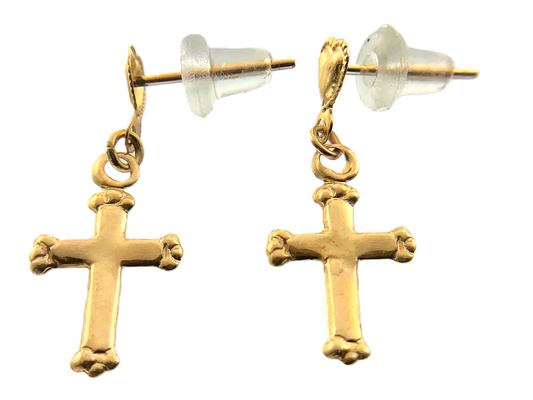 14K Yellow Gold Cross and Heart Dangle Stud Earrings Religious AU201