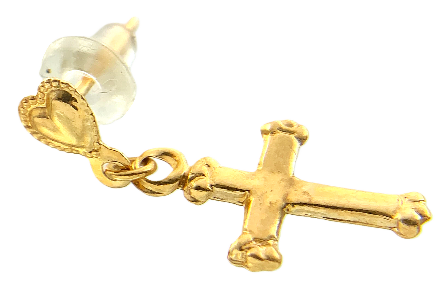 14K Yellow Gold Cross and Heart Dangle Stud Earrings Religious AU201