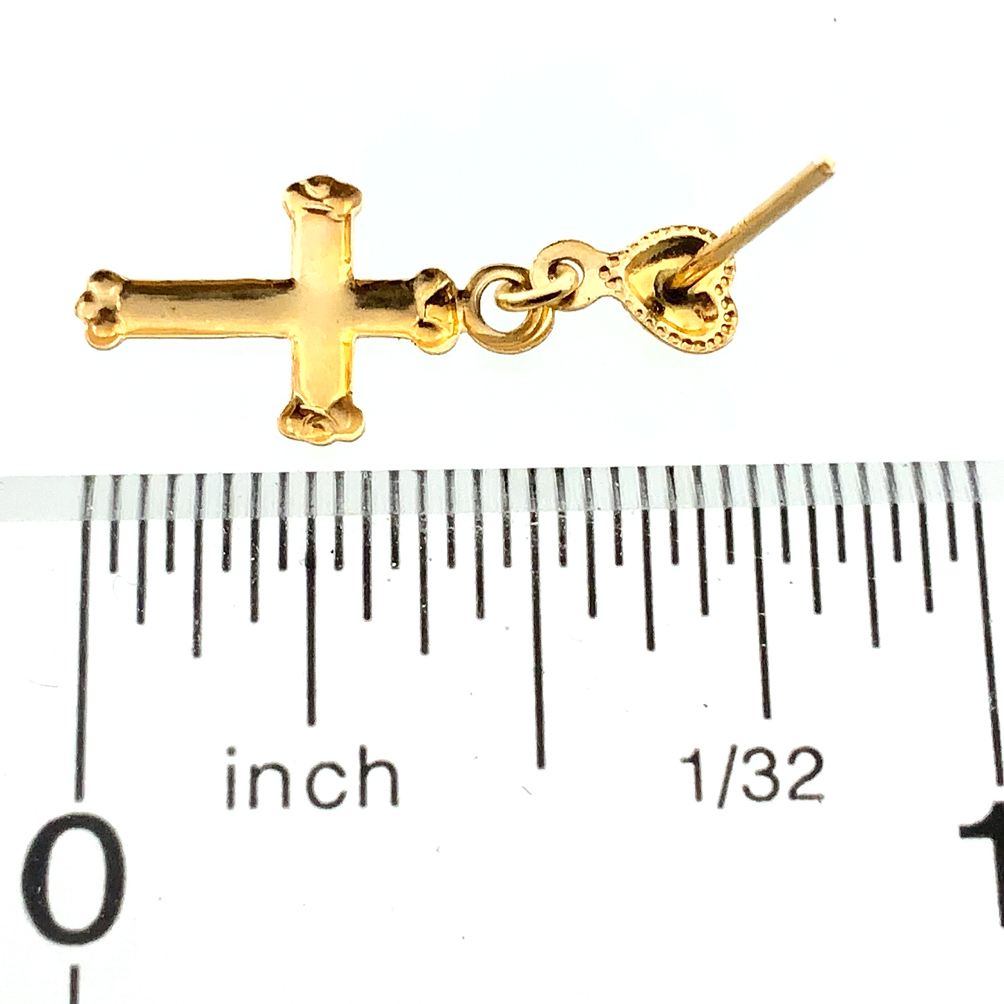 14K Yellow Gold Cross and Heart Dangle Stud Earrings Religious AU201
