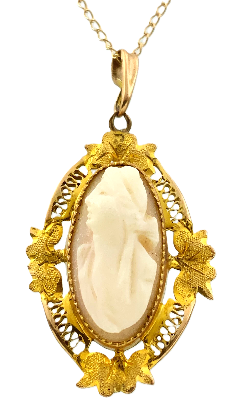 10K Yellow Gold Victorian Hand Carved Shell Cameo Pendant 14K Chain AU210