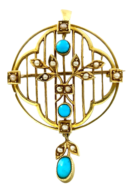 15ct 15K Yellow Gold Antique Victorian Turquoise Pendant Brooch AU211