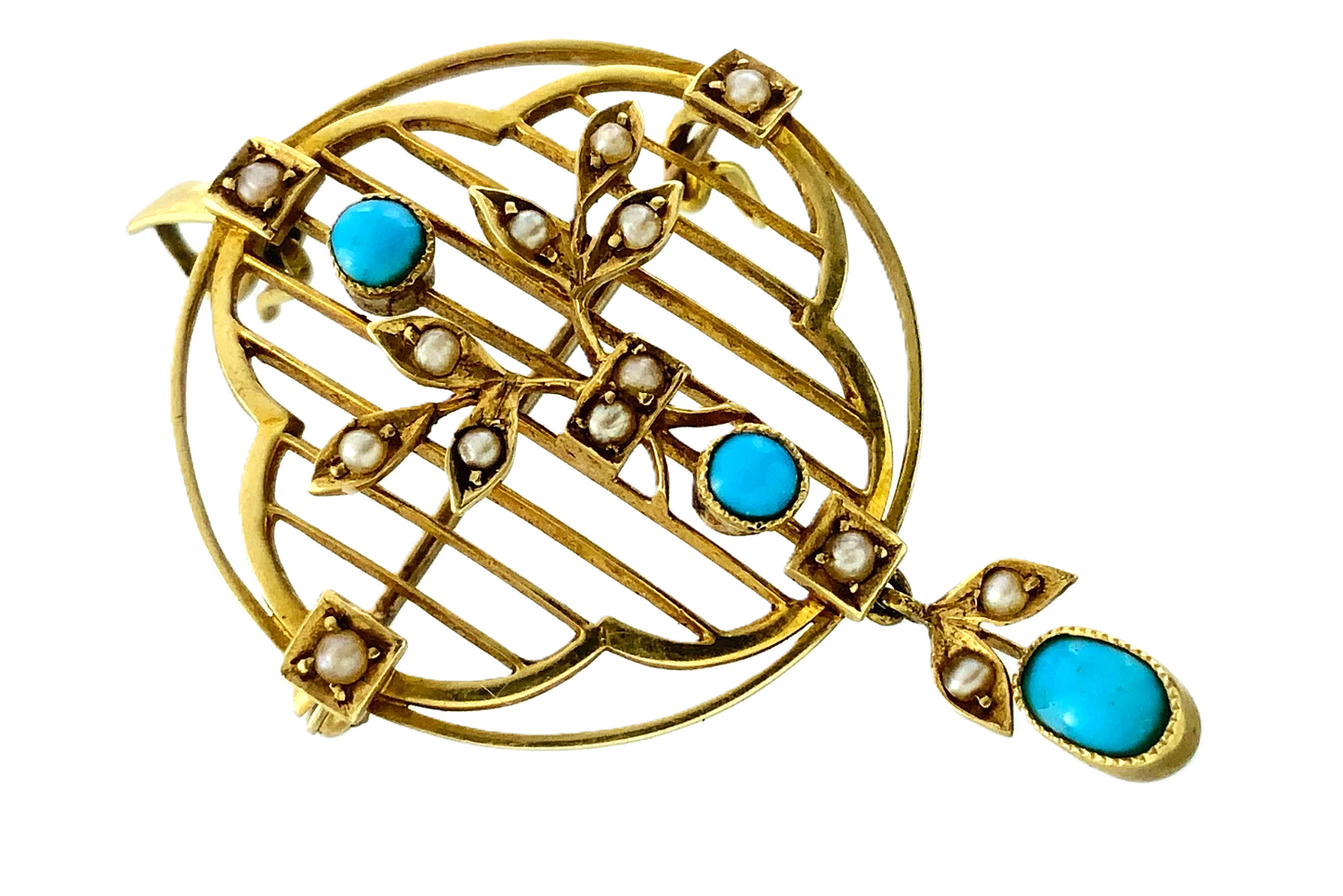 15ct 15K Yellow Gold Antique Victorian Turquoise Pendant Brooch AU211