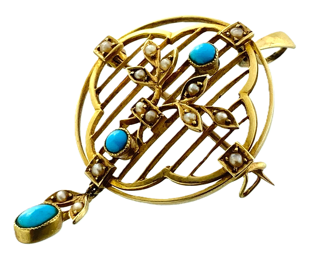 15ct 15K Yellow Gold Antique Victorian Turquoise Pendant Brooch AU211