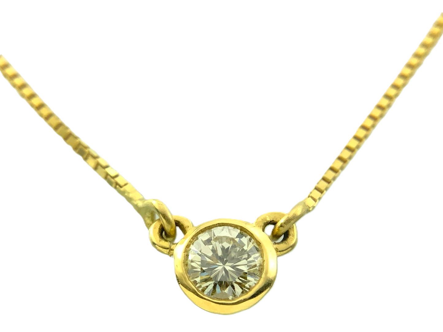 18K Yellow Gold Bezel Set Solitaire Box Chain Necklace 17.5 in x 1 mm AU223