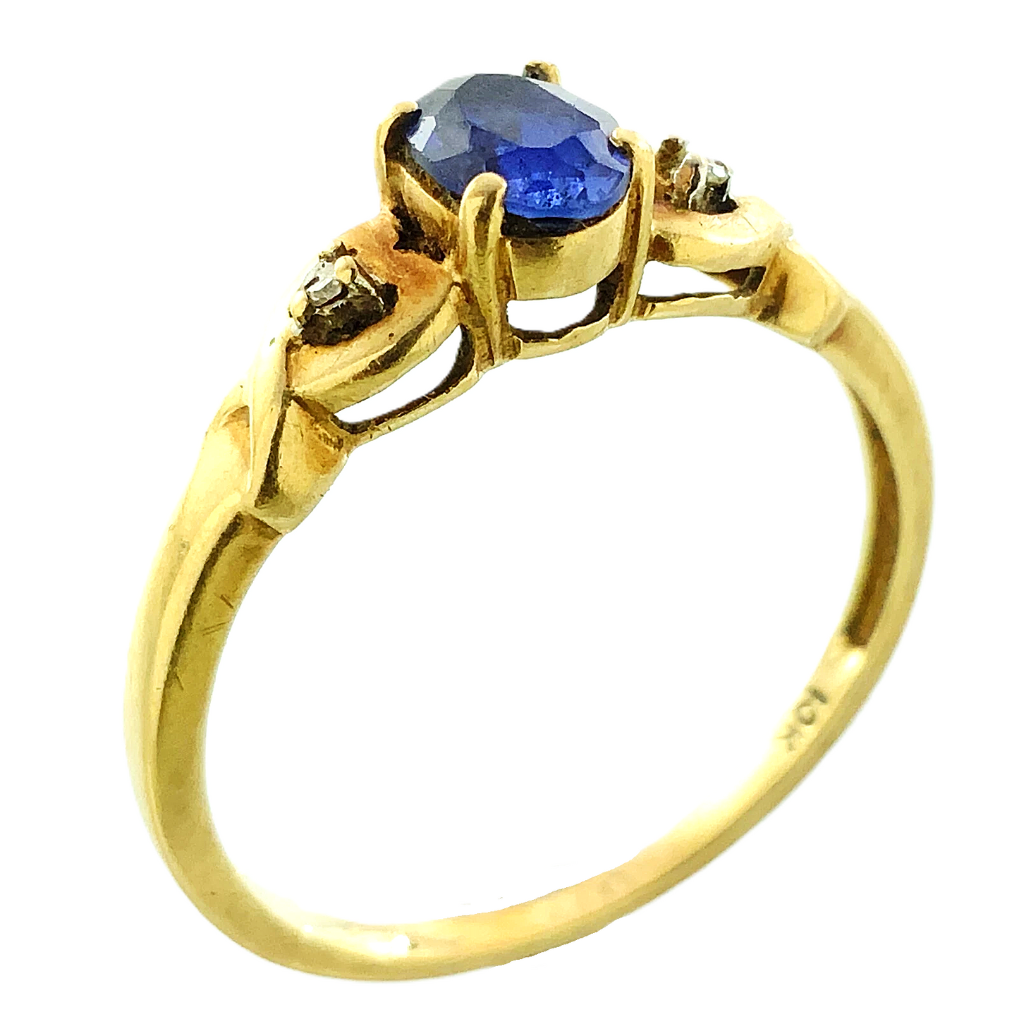 10K Yellow Gold Blue Sapphire and Diamond Ring Size 7 AU255