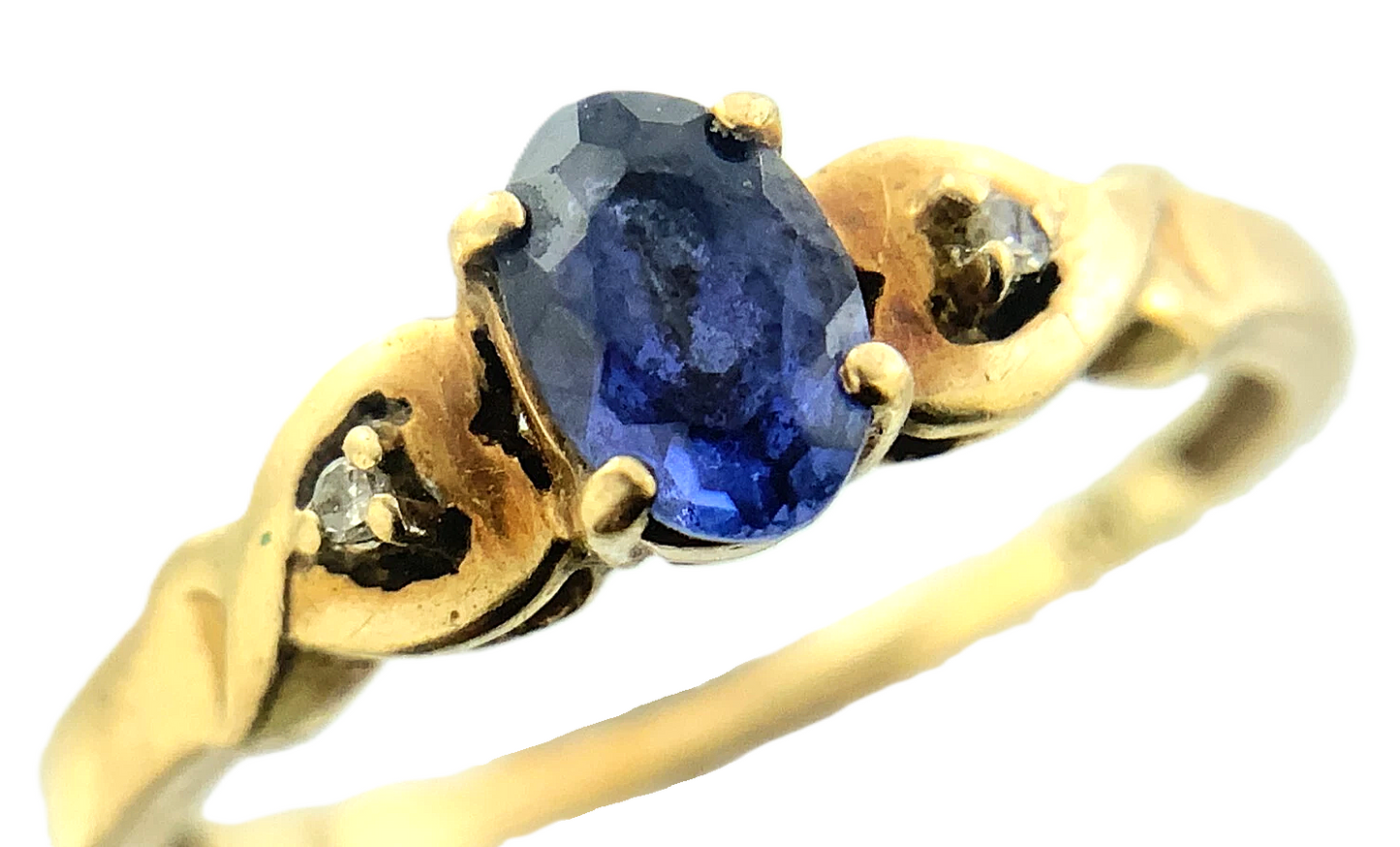 10K Yellow Gold Blue Sapphire and Diamond Ring Size 7 AU255
