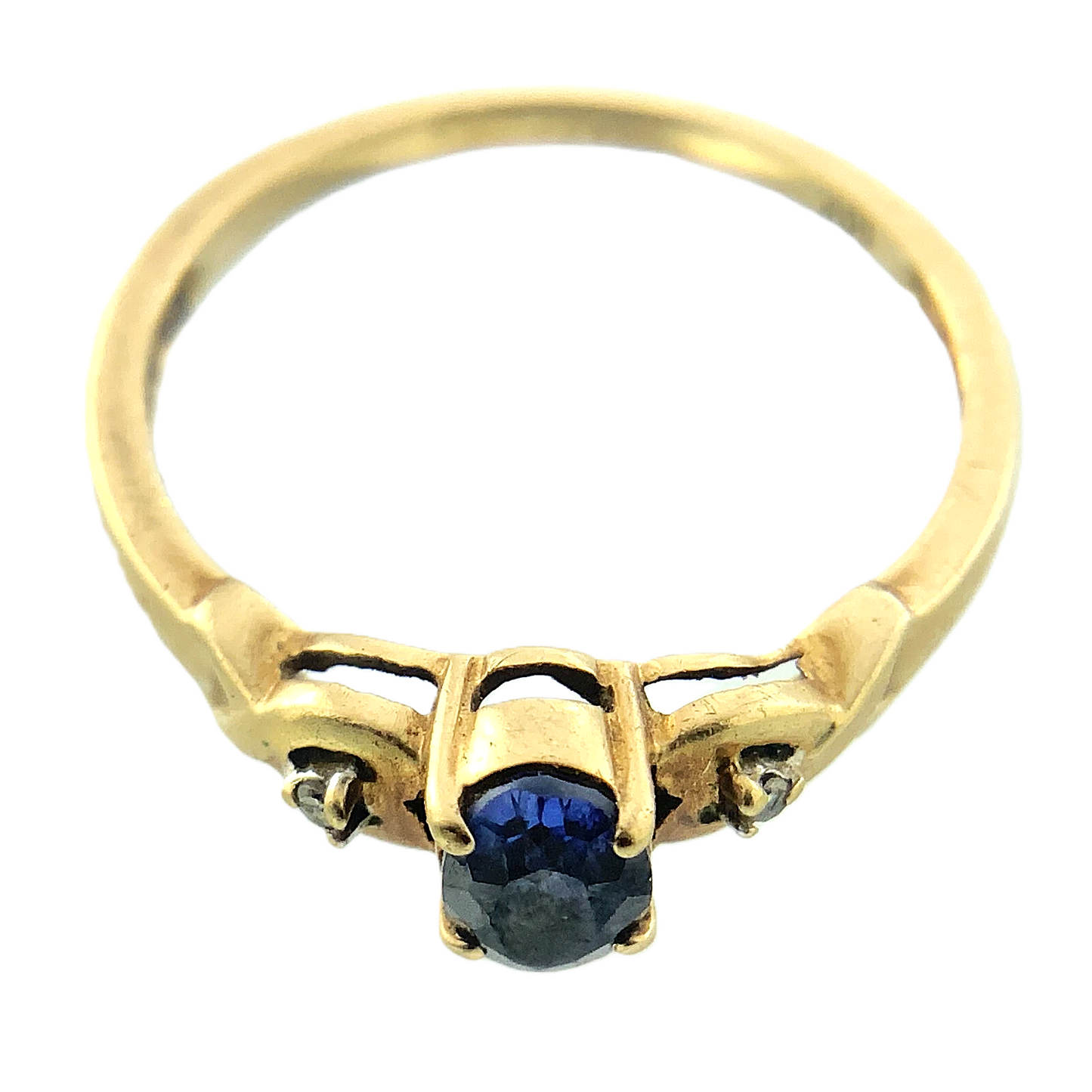 10K Yellow Gold Blue Sapphire and Diamond Ring Size 7 AU255