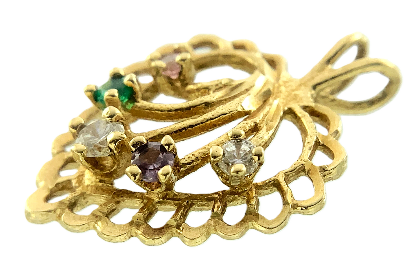 10K Yellow Gold Heart Pendant Scalloped Edge Gemstones AU262