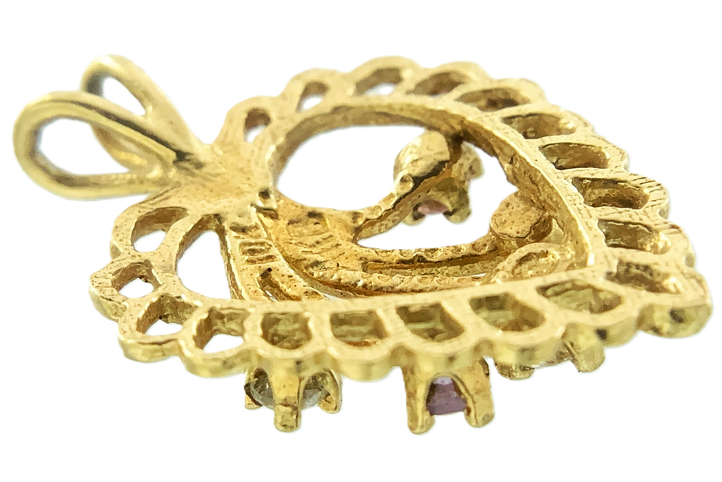 10K Yellow Gold Heart Pendant Scalloped Edge Gemstones AU262