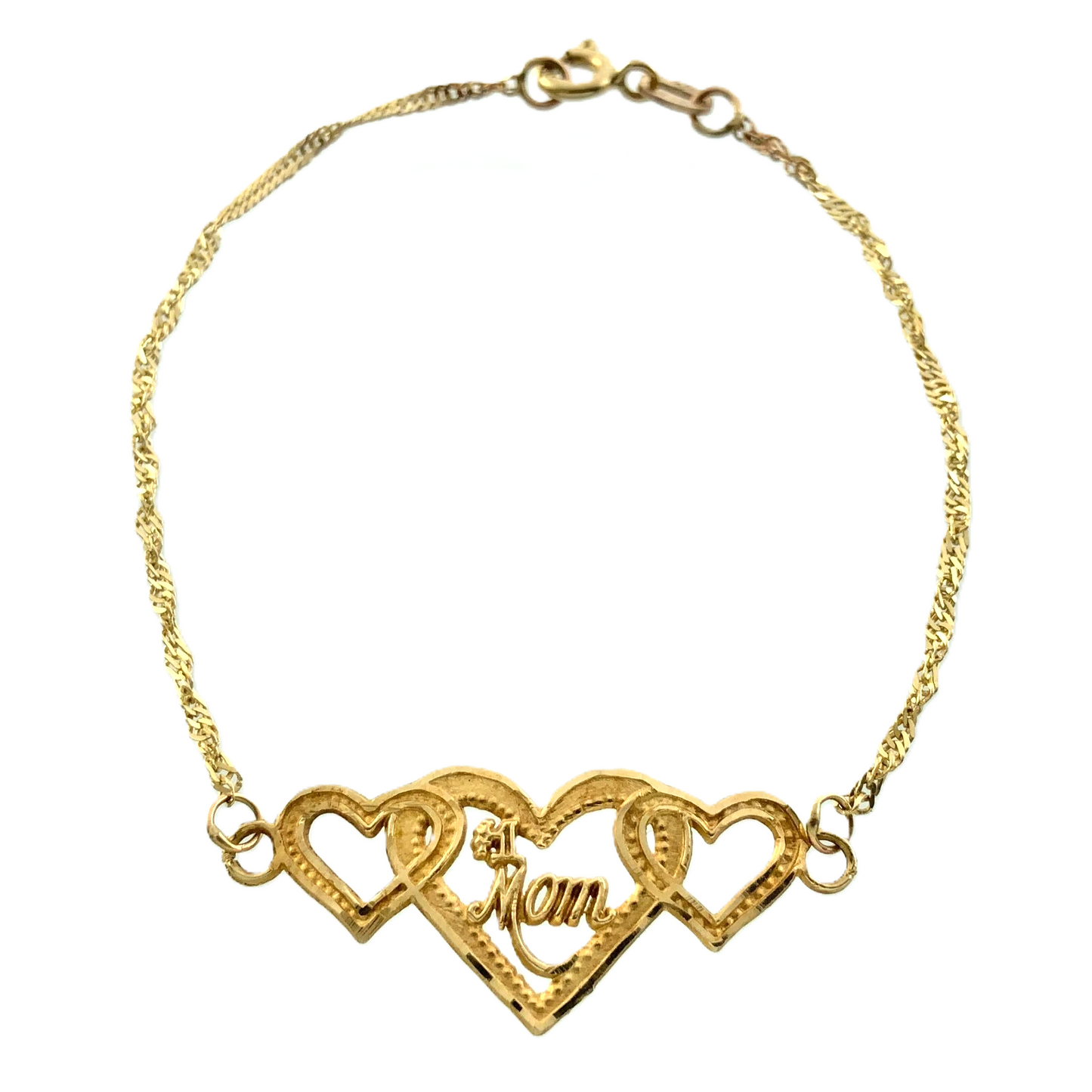 10K Yellow Gold Rope Link Chain Bracelet #1 Mom Three Hearts 7 in x 1 mm AU270