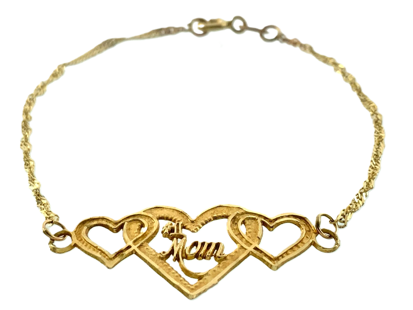 10K Yellow Gold Rope Link Chain Bracelet #1 Mom Three Hearts 7 in x 1 mm AU270