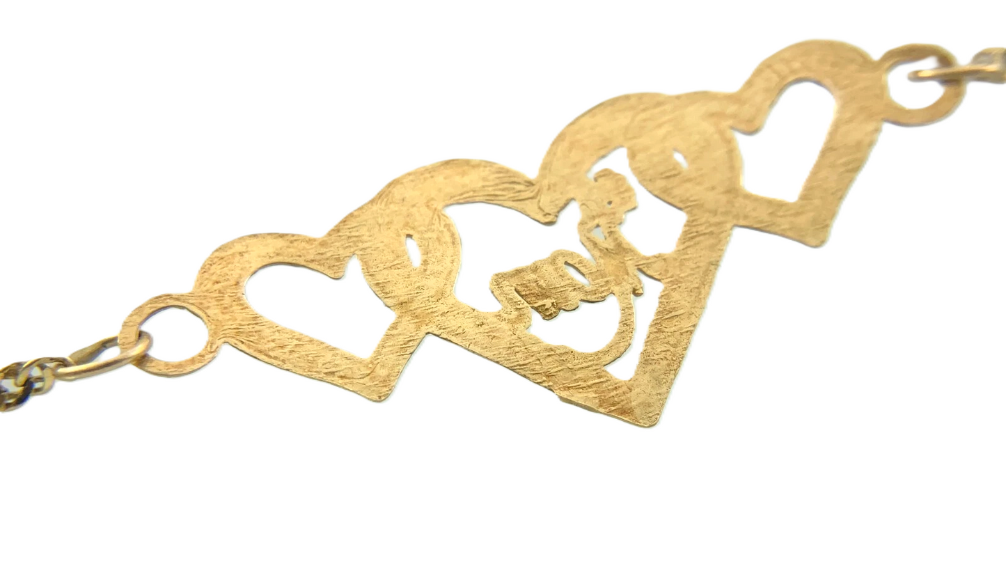 10K Yellow Gold Rope Link Chain Bracelet #1 Mom Three Hearts 7 in x 1 mm AU270