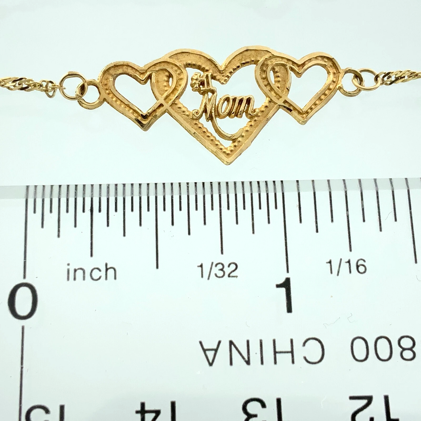10K Yellow Gold Rope Link Chain Bracelet #1 Mom Three Hearts 7 in x 1 mm AU270