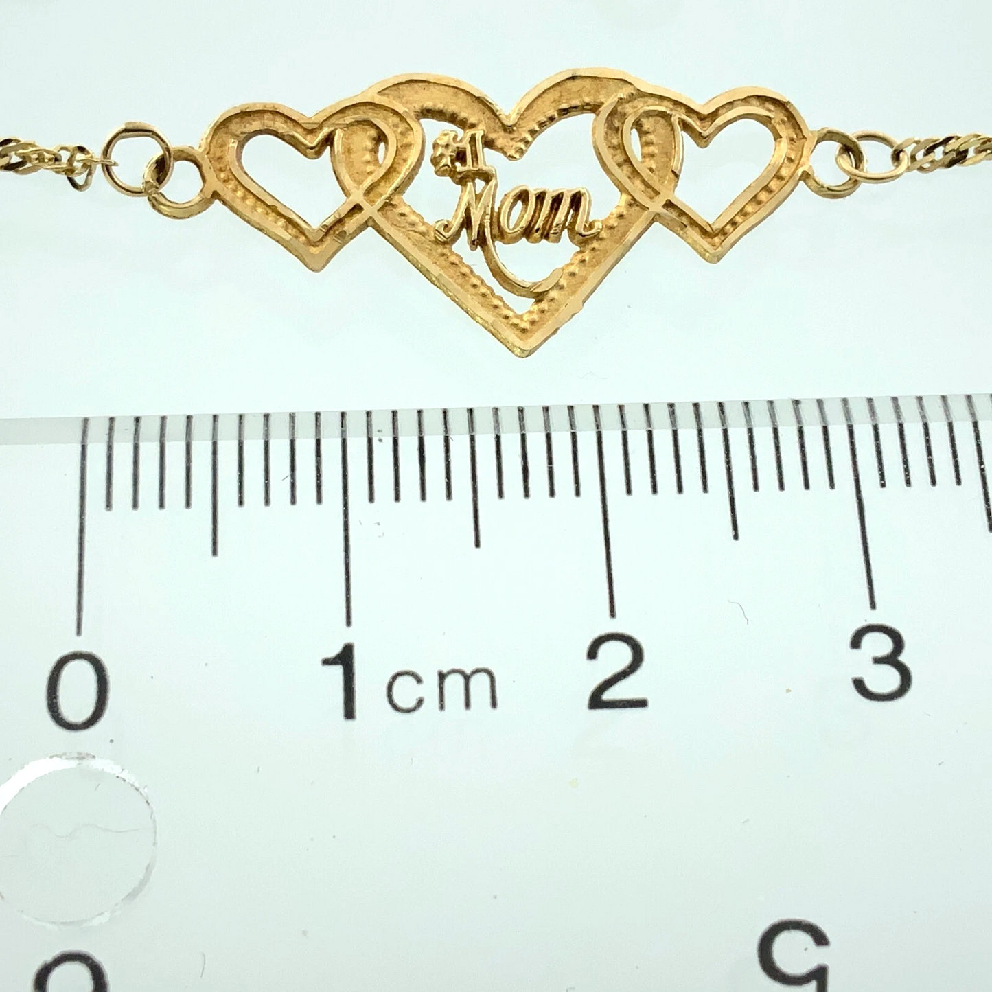 10K Yellow Gold Rope Link Chain Bracelet #1 Mom Three Hearts 7 in x 1 mm AU270