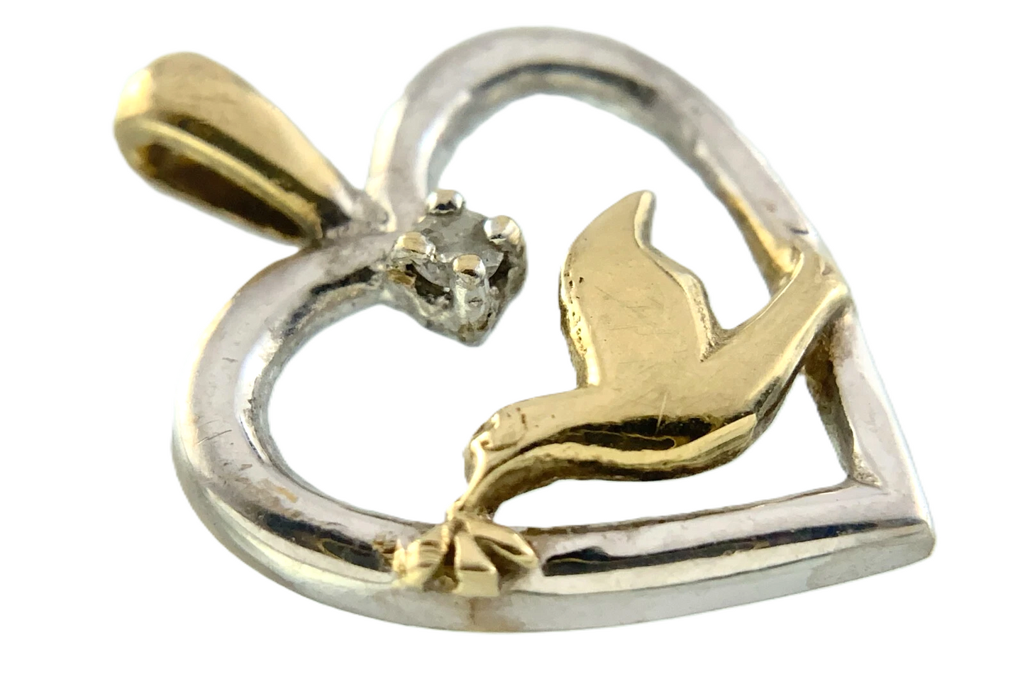 10K White Gold Heart Pendant with Yellow Gold Dove Symbol of Love AU287