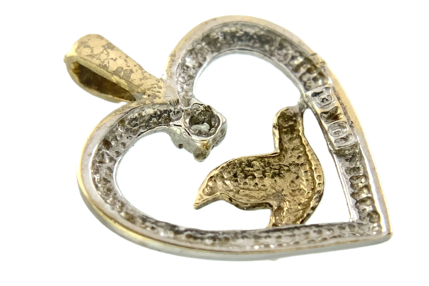 10K White Gold Heart Pendant with Yellow Gold Dove Symbol of Love AU287