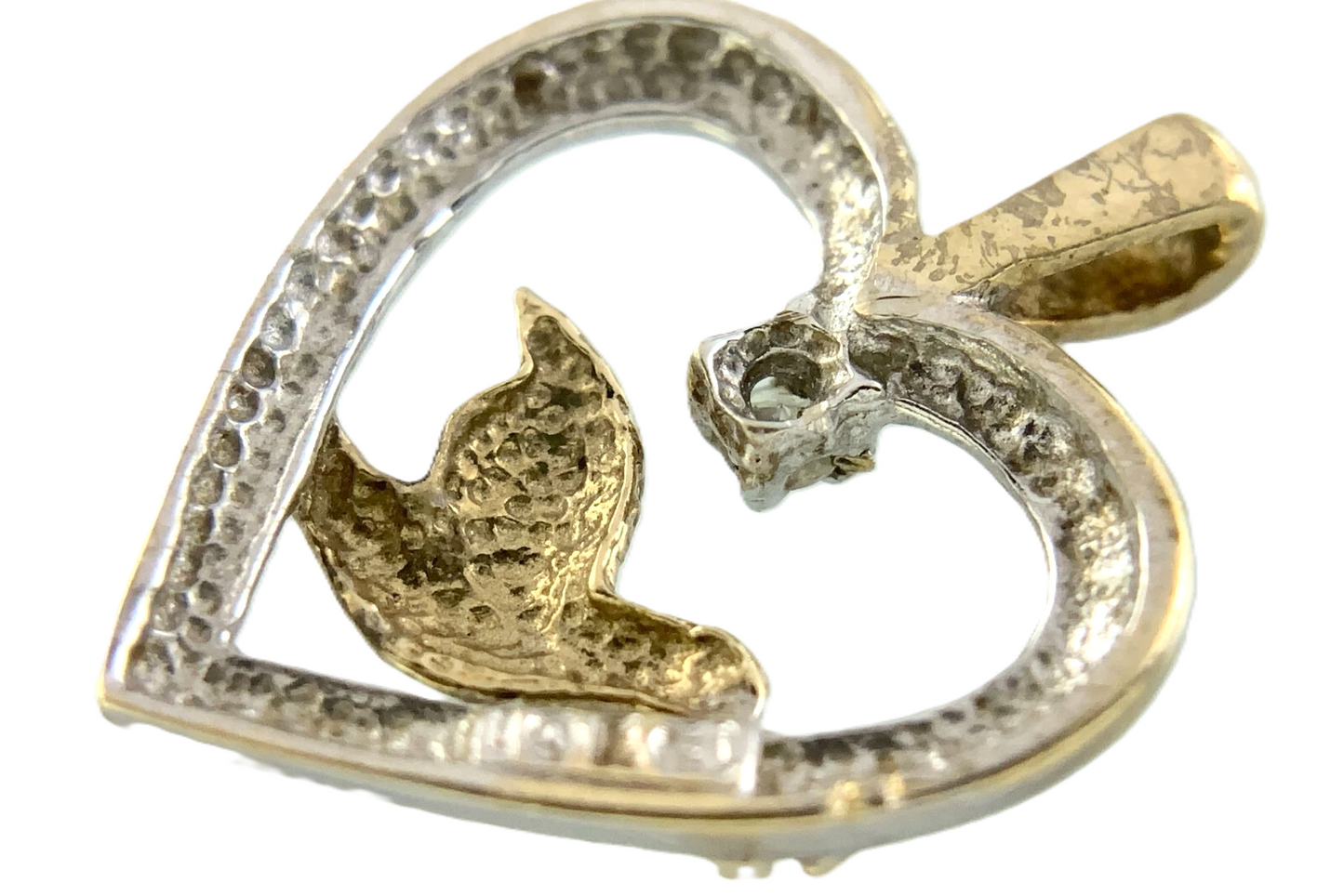 10K White Gold Heart Pendant with Yellow Gold Dove Symbol of Love AU287