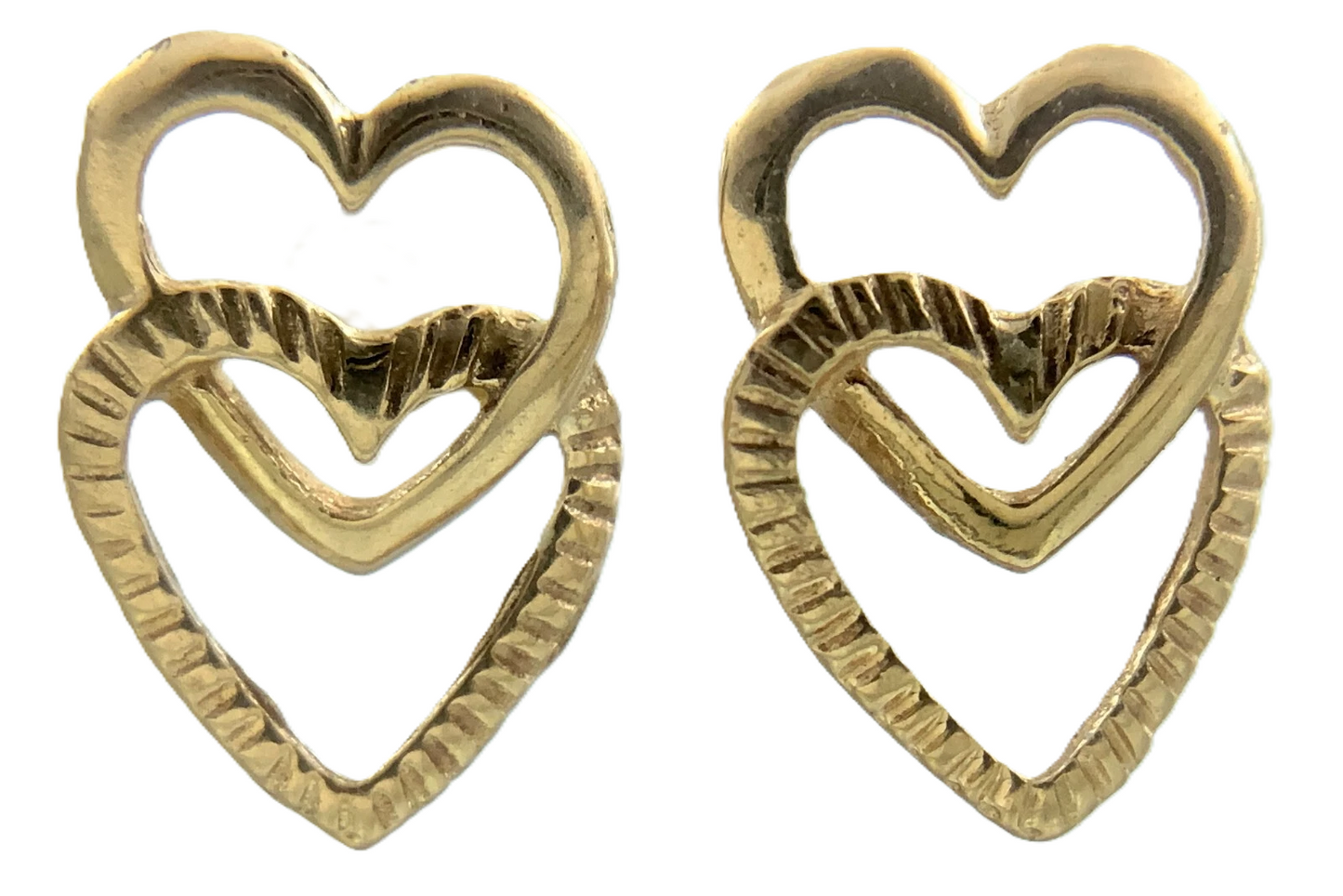 10K Yellow Gold Double Heart Stud Earrings Classic Elegant Love Symbol AU292