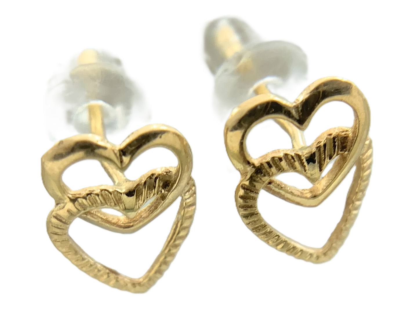 10K Yellow Gold Double Heart Stud Earrings Classic Elegant Love Symbol AU292