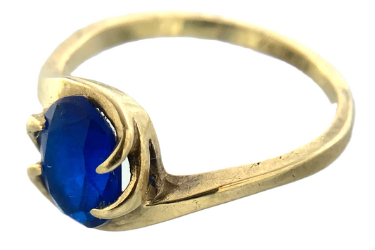 10K Yellow Gold Blue Oval Stone Solitaire Ring Size 6 AU293
