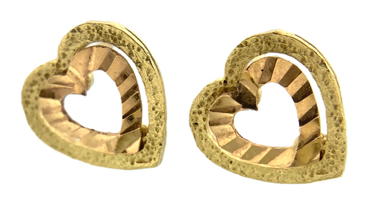 14K Yellow Gold Heart Stud Earrings Classic Elegant Double Heart AU299