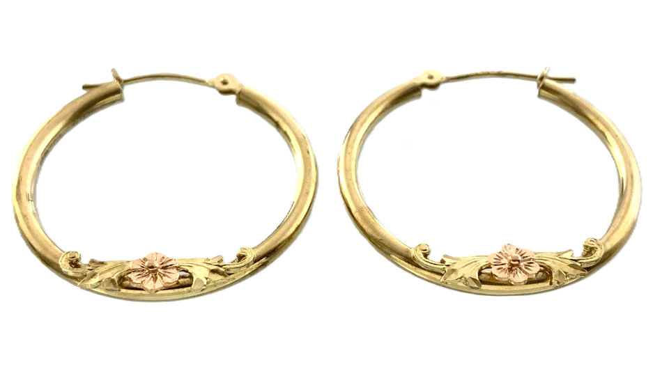 10K Yellow Gold Hoop Earrings With Elegant Floral Decor AU300
