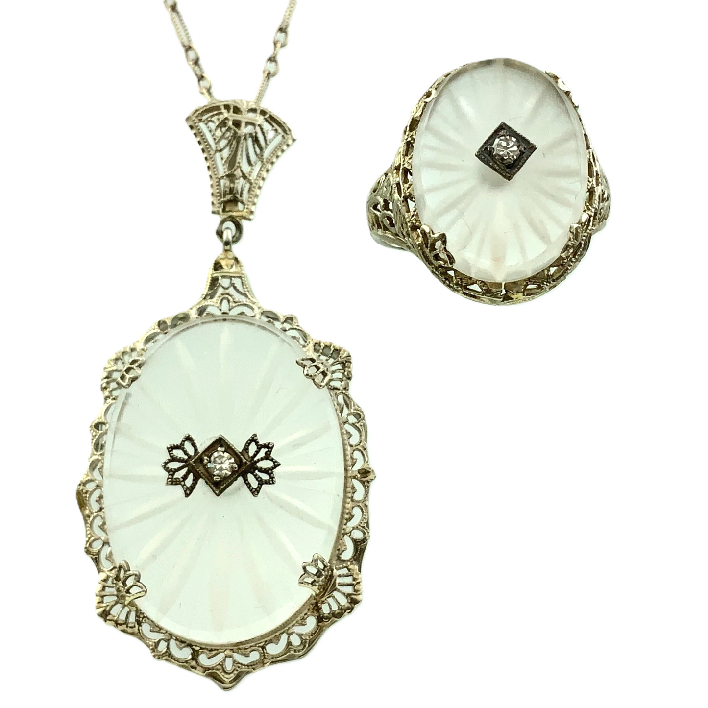 Art Deco 14k Gold Camphor Glass and Diamond Filigree Pendant and Ring AU304X