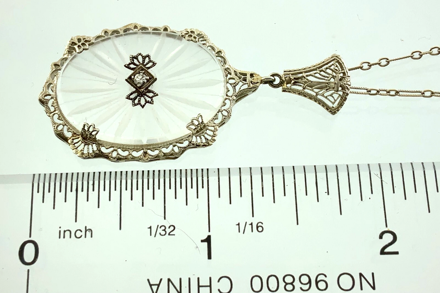 Art Deco 14k Gold Camphor Glass and Diamond Filigree Pendant and Ring AU304X