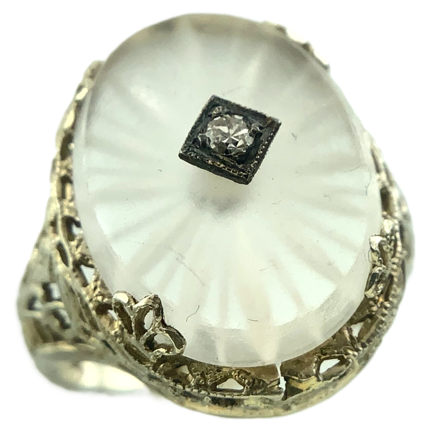 Art Deco 14k Gold Camphor Glass and Diamond Filigree Pendant and Ring AU304X