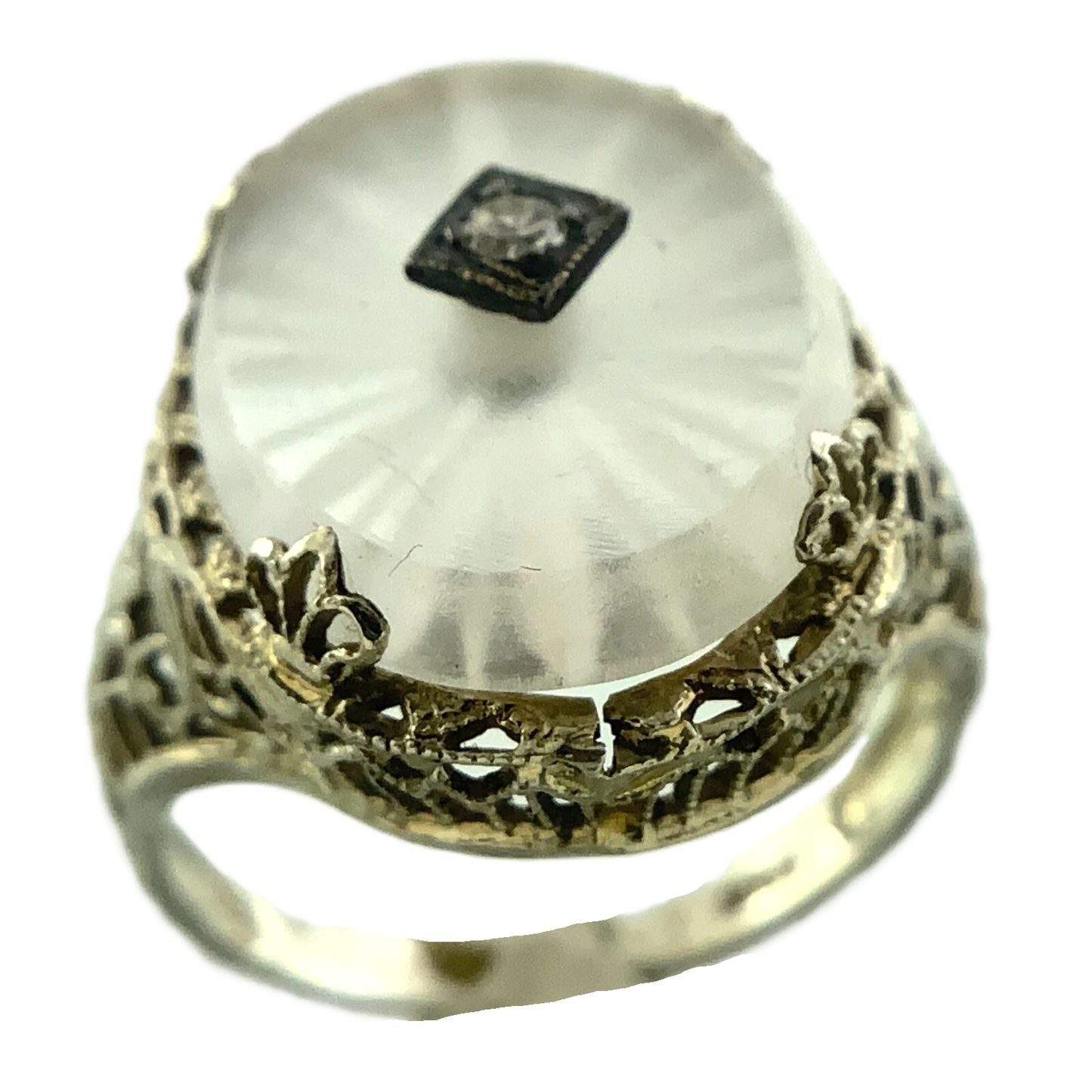 Art Deco 14k Gold Camphor Glass and Diamond Filigree Pendant and Ring AU304X