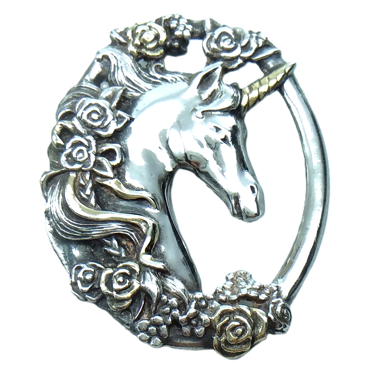 Gorham Sterling Silver Unicorn Gold Appliqué Roses Pendant 1.75in 14.3g H223