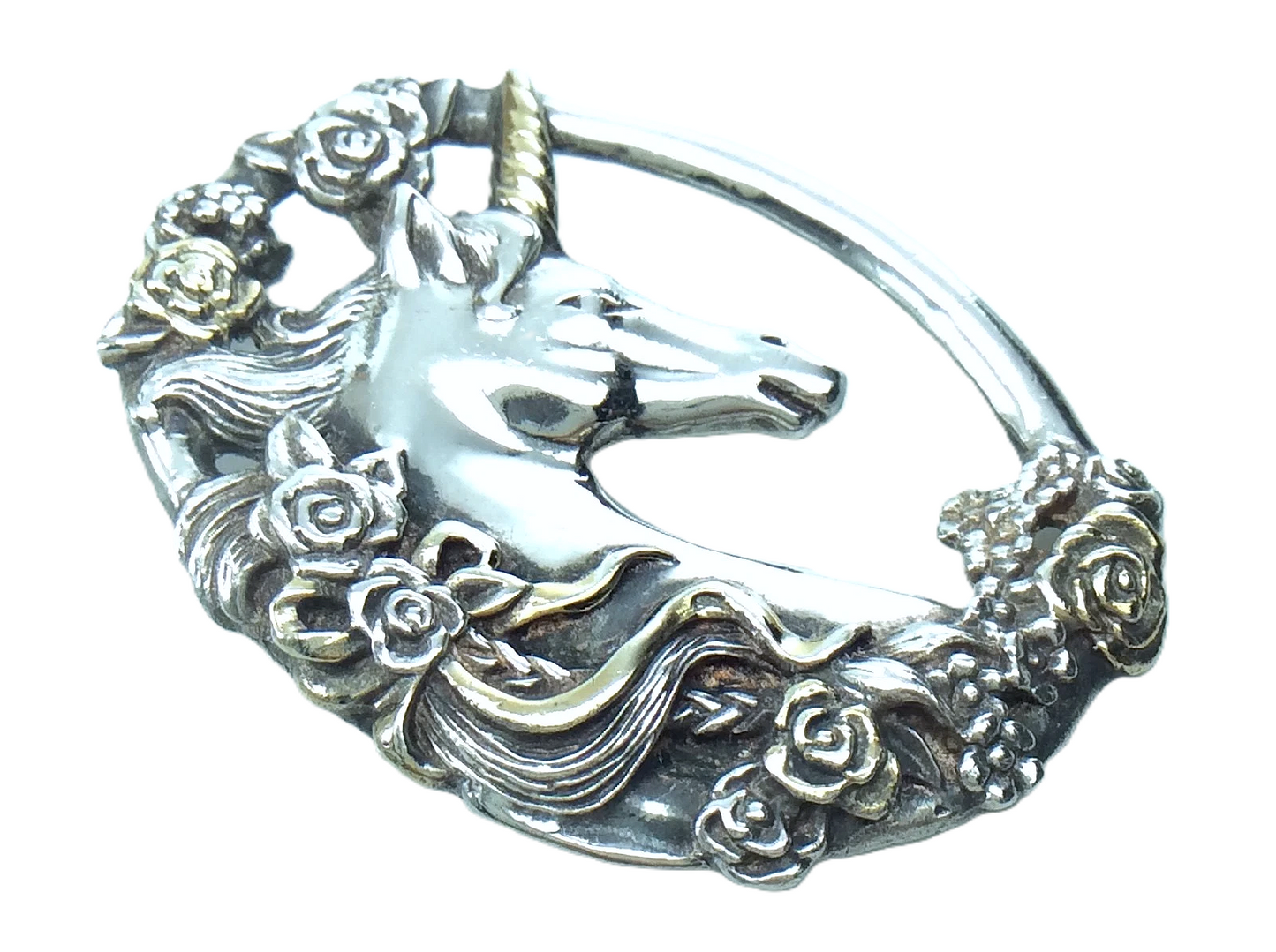 Gorham Sterling Silver Unicorn Gold Appliqué Roses Pendant 1.75in 14.3g H223
