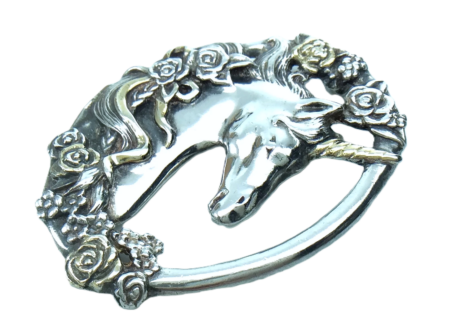 Gorham Sterling Silver Unicorn Gold Appliqué Roses Pendant 1.75in 14.3g H223