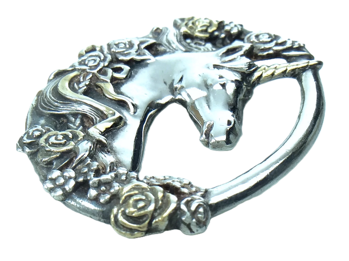 Gorham Sterling Silver Unicorn Gold Appliqué Roses Pendant 1.75in 14.3g H223