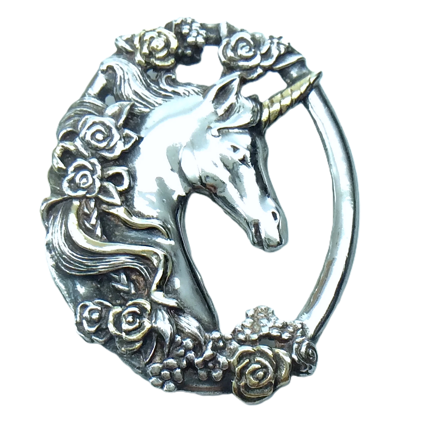 Gorham Sterling Silver Unicorn Gold Appliqué Roses Pendant 1.75in 14.3g H223